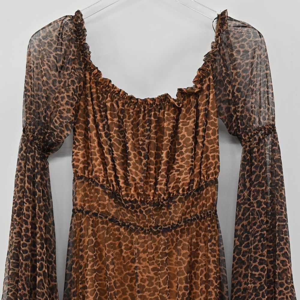 House of House of Chic Mesh Maxi Dress Womens Size S Brown Bell Sleeve Leopard - Picture 13 of 15